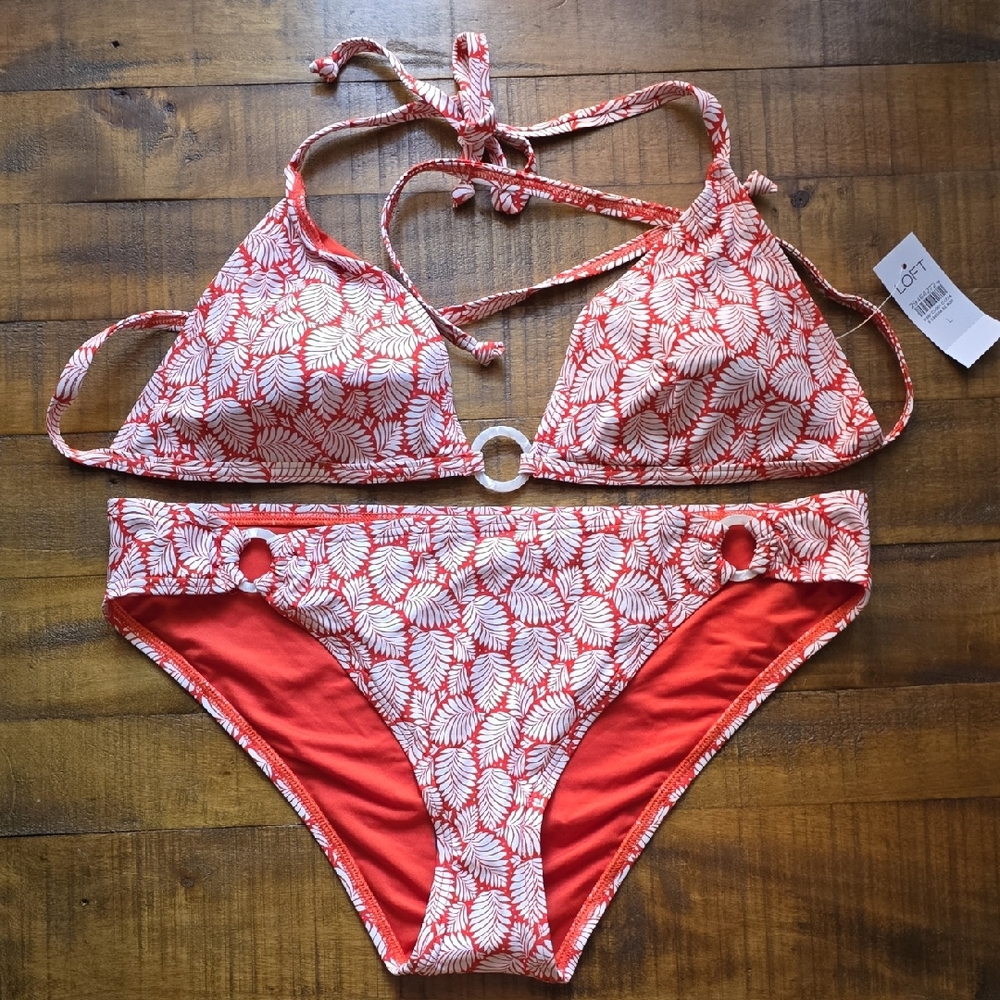 LOFT Coral and White Leaf Pattern Bikini Set Size Large ⭐️NWT⭐️
